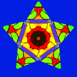 A colorful star-shaped kaleidoscope pattern on a blue background